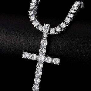 ⭐ 2PC 24" Diamond Hip Hop Necklace and Cross Pendant With 4mm Diamonds  ⭐